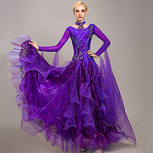 

Ballroom Dance Dress Embroidery Appliques Crystals / Rhinestones Women's Training Performance Long Sleeve Organza Ice Silk