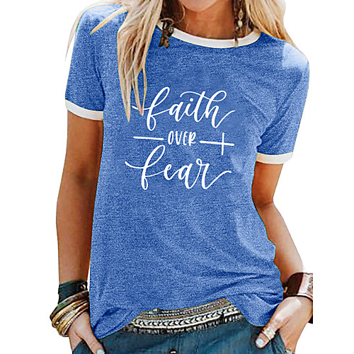 

Women's T shirt Letter Patchwork Print Round Neck Tops Basic Basic Top White Black Blue