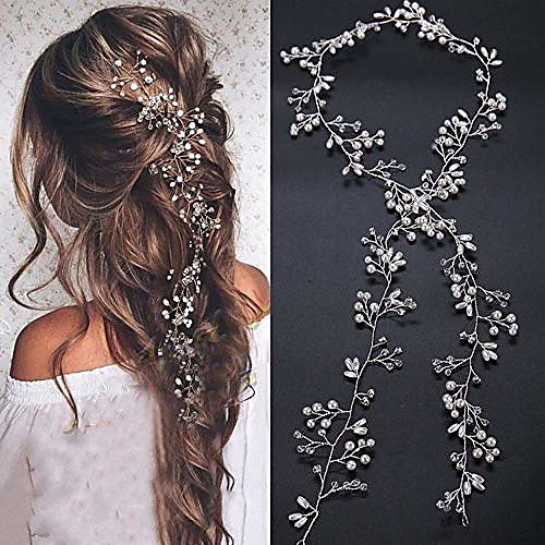 

bridal rose gold and gold silver extra long pearl and crystal beads bridal hair vine wedding head piece bridal hair accessories headband hair jewelry hair accessories (silver)