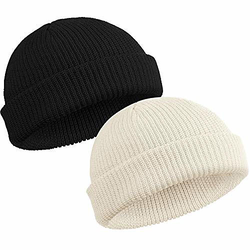 

2 pieces trawler hat fleece watch cap roll up edge skull blanket winter hat unisex (black white)