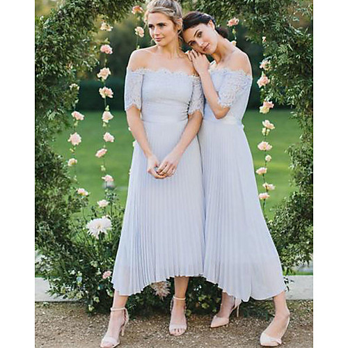 

A-Line Off Shoulder Tea Length Chiffon Bridesmaid Dress with Lace