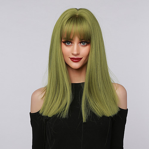 

Cosplay Costume Wig Synthetic Wig Cosplay Wig Straight kinky Straight Side Part Neat Bang With Bangs Wig Medium Length Green Synthetic Hair 16 inch Women's Cosplay Party African American Wig Green
