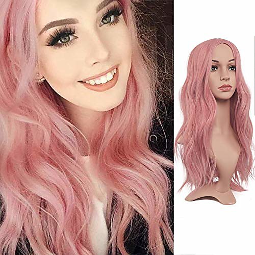 

long pink wigs for women 22 inch curly wave full wig middle parting wigs natural looking synthetic wig extensions for daily cosplay