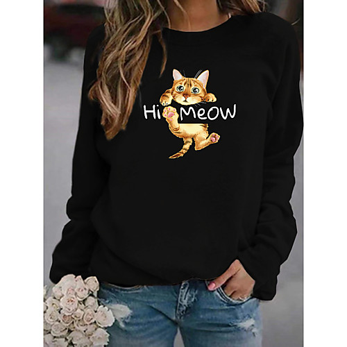 

Women's Pullover Sweatshirt Cat Graphic 3D Daily Basic Casual Hoodies Sweatshirts Black