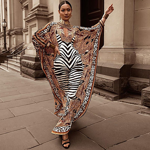 

Women's Kaftan Dress Maxi long Dress Brown Long Sleeve Print Leopard Print Fall Spring Round Neck Elegant Vintage 2021 One-Size