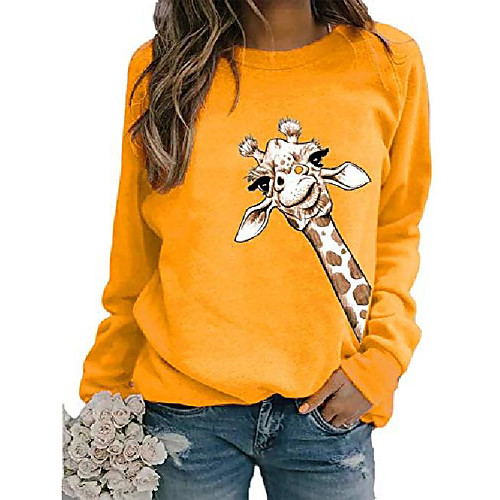 

women's giraffe print long sleeve pullover funny tops regular fit comfortable crew neck sweatshirt yellow