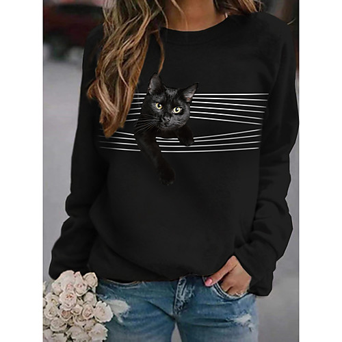 

Women's Pullover Sweatshirt Cat Graphic 3D Daily Basic Casual Hoodies Sweatshirts Black