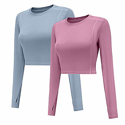 

2 pack women's crop top long sleeve athletic workout yoga shirts cropped sweatshirts with thumb hole(light blue/pink-l)