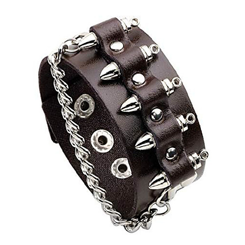 

punk style black leather cuff bracelet wristband bullet design with skull head style (style 2 - brown)