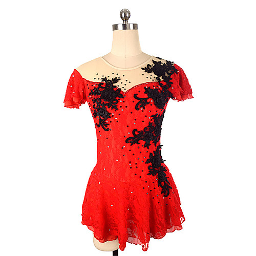 

Figure Skating Dress Women's Girls' Ice Skating Dress Red Patchwork Asymmetric Hem Spandex High Elasticity Training Competition Skating Wear Crystal / Rhinestone Short Sleeve Ice Skating Figure