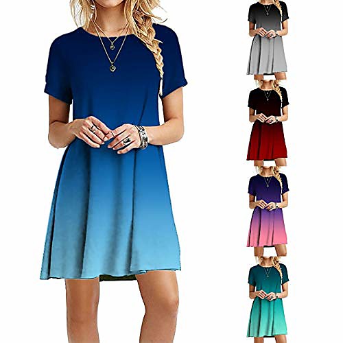 

women's short sleeve t shirt dress tie-dye tunic swing dress blue