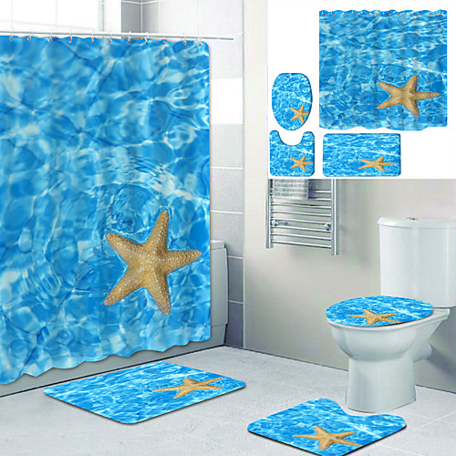 

Sea Starfish Printed Bathtub Curtain Liner Covered With Waterproof Fabric Shower Curtain For Bathroom Home Decoration With Hook Floor Mat And Four-piece Toilet Mat