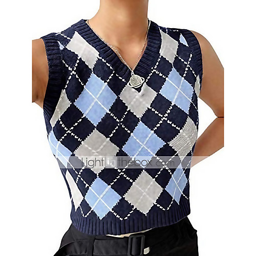 

women's knitted sweater vest preppy style argyle plaid v neck waistcoat crop tank top (a - navy blue,small)