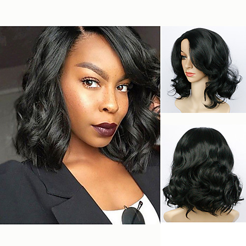 

Synthetic Wig Water Wave Kardashian Water Wave Bob Wig Medium Length Jet Black Synthetic Hair Women's Side Part African American Wig Black
