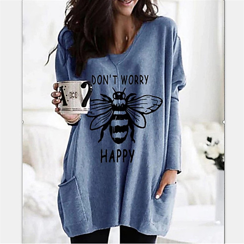

Women's T Shirt Dress Tee Dress Short Mini Dress Blue Long Sleeve Animal Pocket Print Fall Spring Round Neck Casual 2021 S M L XL XXL 3XL / Plus Size