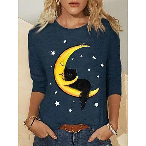 

Women's T shirt Cat Long Sleeve Print Round Neck Tops Basic Basic Top Blue