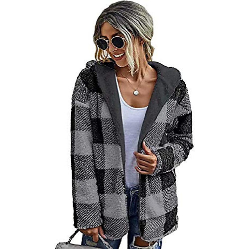 

women's buffalo plaid sherpa fleece cardigan coat hooded tartan plaid casual long sleeve cardigan jacket coat