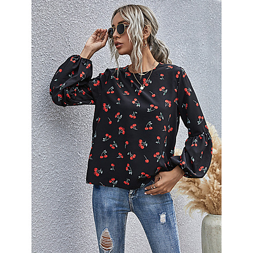 

Women's Blouse Shirt Fruit Long Sleeve Round Neck Tops Basic Top Black