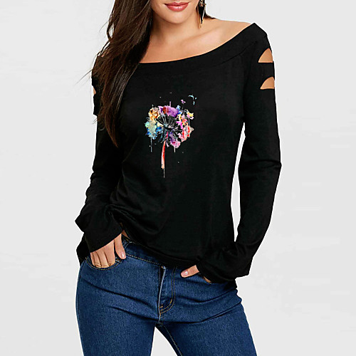 

Women's T shirt Floral Graphic Prints Long Sleeve Print Off Shoulder Tops Basic Basic Top Black Wine