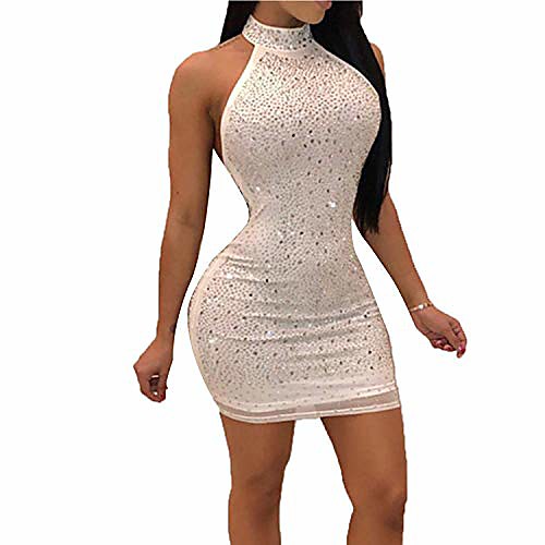 

womens mini dresses sexy halter rhinestone sheer mesh backless party club dress white s