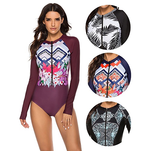 

Women's One Piece Swimsuit Breathable Comfortable UV Protection Polyester Long Sleeve Swimwear Beach Wear Swimwear Floral / Botanical Swimming Surfing Water Sports / Micro-elastic