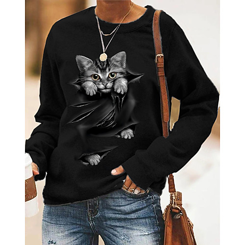 

Women's Pullover Sweatshirt Cat Graphic 3D Print Daily 3D Print Basic Casual Hoodies Sweatshirts White Black