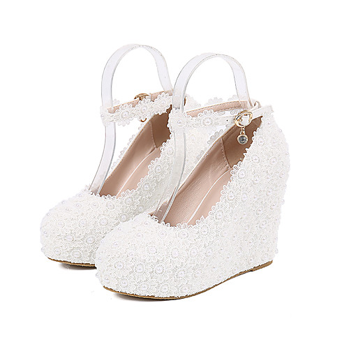 

Women's Wedding Shoes Wedge Heel Round Toe Wedding Pumps Vintage Sexy Minimalism Wedding Party & Evening PU Pearl Buckle Lace Solid Colored Floral White Ivory