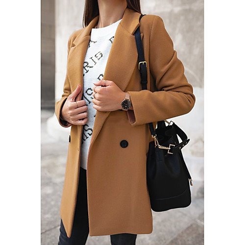 

Women's Solid Colored Fall & Winter Notch lapel collar Pea Coat Long Going out Long Sleeve Cotton Blend Coat Tops Black