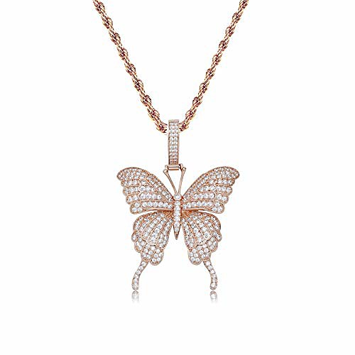 

fully iced out lab diamond butterfly chain pendant necklace for women 14k real gold plated birthday gifts (rope rose gold)