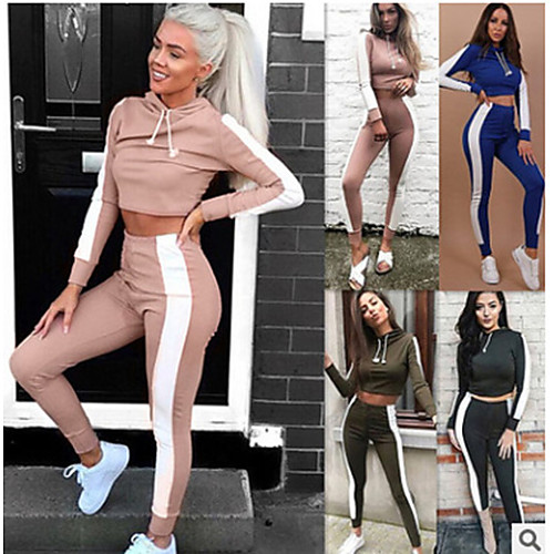 

Women's 2 Piece Cropped Tracksuit Sweatsuit Street Casual 2pcs Long Sleeve Thermal Warm Breathable Soft Fitness Gym Workout Running Jogging Training Sportswear Stripes Normal Track pants Black Pink