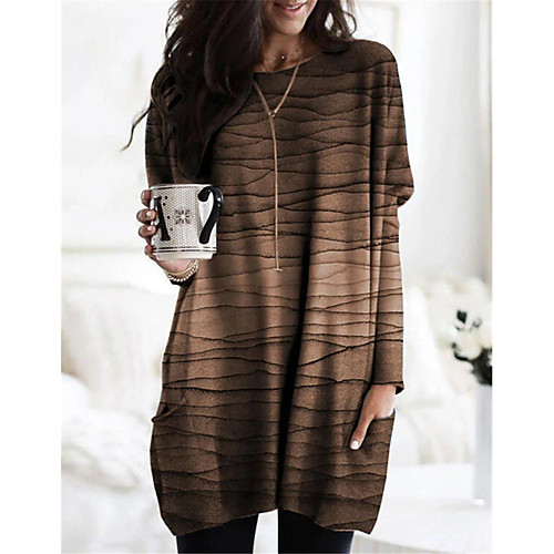 

Women's T Shirt Dress Tee Dress Short Mini Dress Blue Brown Gray Long Sleeve Striped Color Gradient Pocket Patchwork Print Fall Spring Round Neck Casual 2021 S M L XL XXL 3XL / Plus Size