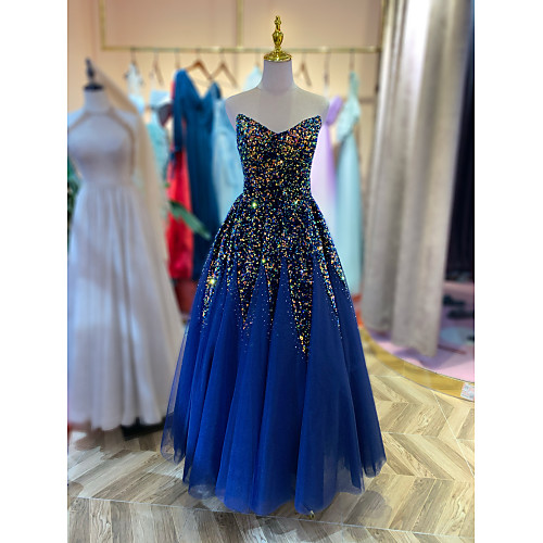 

Ball Gown Sparkle Elegant Engagement Formal Evening Dress V Neck Sleeveless Floor Length Sequined with Pleats Sequin 2021