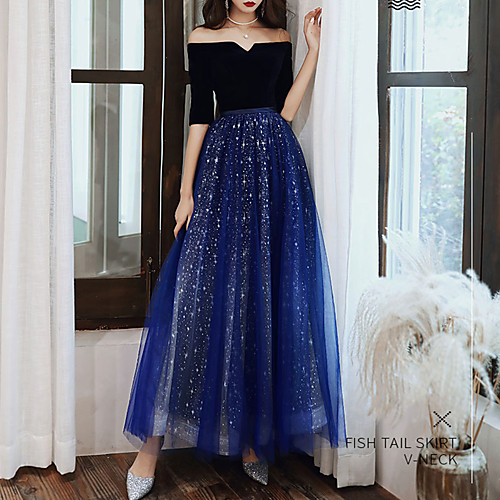 

A-Line Glittering Elegant Wedding Guest Formal Evening Dress Off Shoulder Half Sleeve Ankle Length Spandex Velvet with Sequin 2021