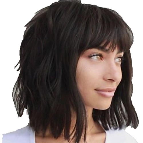 

Human Hair Wig Medium Length Long Wavy With Bangs Natural Women Sexy Lady New Capless Chinese Hair Women's Natural Black #1B 12 inch 14 inch 16 inch