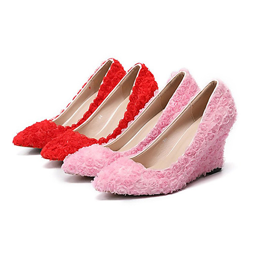 

Women's Heels Wedge Heel Pointed Toe Sexy Minimalism Roman Shoes Wedding Party & Evening PU Satin Flower Lace Solid Colored White Red Pink