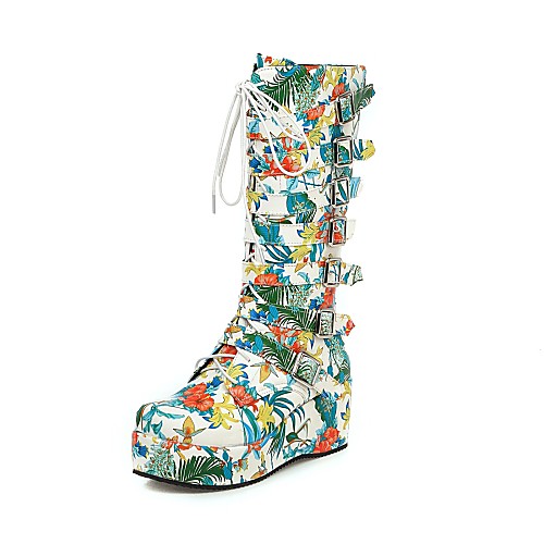 

Women's Boots Wedge Heel Round Toe Mid Calf Boots Vintage Preppy Daily Party & Evening Nylon PU Buckle Floral White Black Blue / Mid-Calf Boots