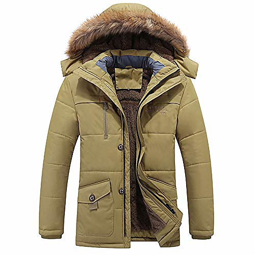 

men winter jacket parka mid-long down jacket mit faux fur hood plush thicken warm hooded cotton outwear coat khaki