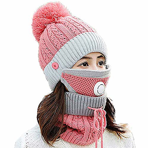 

winter fleece lining beanie hat scarf and mask set for women knit warm pompom ski cap neck warmer(pink-style a,one size)