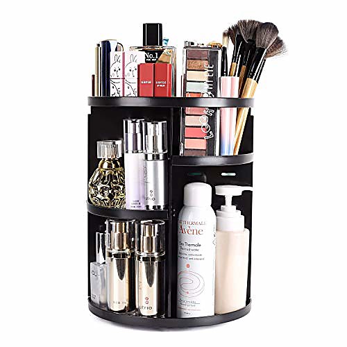 

360 rotating makeup organizer, diy adjustable makeup carousel spinning holder storage rack, large capacity make up caddy shelf cosmetics organizer box, great for countertop, black