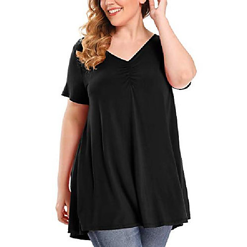 

womens short sleeve t-shirts v neck pleated casual loose plus size swing tunic tops(black,1x)