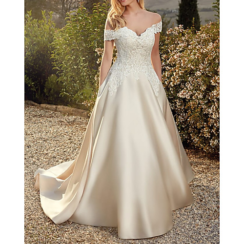 

A-Line Wedding Dresses Off Shoulder Floor Length Lace Satin Sleeveless Country Romantic with Appliques 2021