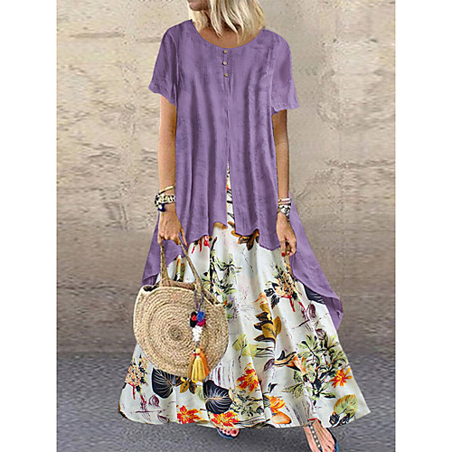 

Women's Swing Dress Maxi long Dress Purple Red Yellow Blushing Pink Green Short Sleeve Print Ruffle Patchwork Print Fall Spring Round Neck Vintage vacation dresses 2021 S M L XL XXL 3XL 4XL 5XL