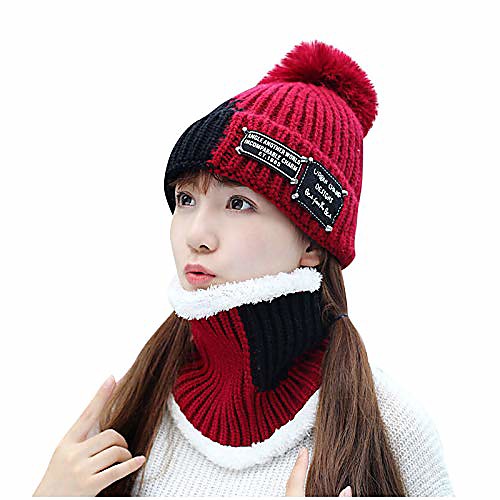 

bobble hats for women with scarf set color block knit pompom cap with warm neck scarfs for winter cold weather gifts red