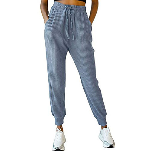

women's active drawstring joggers pants elastic waist waffle knit trousers athletic solid color sweatpants with pockets blue