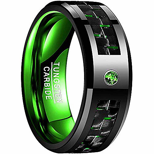 

8mm green carbon tungsten ring black and green carbon fiber inlay tungsten carbide ring engagement wedding band size 10