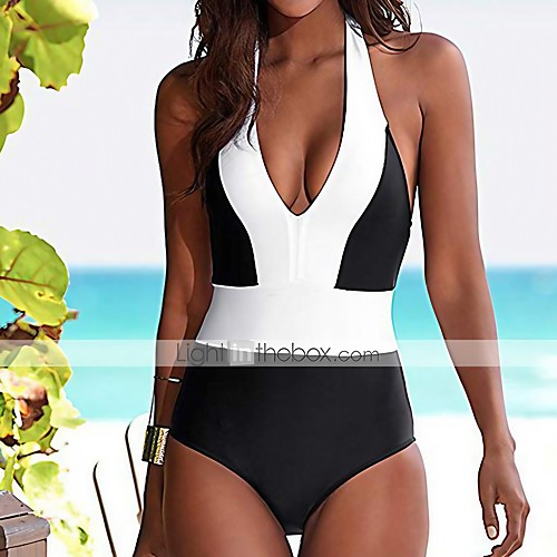 

Women's One Piece Monokini Swimsuit Open Back Color Block White Blue Swimwear Padded Strap Bathing Suits Fashion Sexy