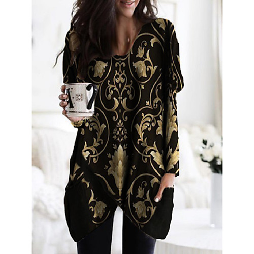 

Women's Shift Dress Knee Length Dress Gold Long Sleeve Print Pocket Patchwork Print Fall Spring Round Neck Casual 2021 M L XL XXL 3XL