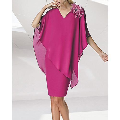 

Sheath / Column Mother of the Bride Dress Elegant V Neck Knee Length Chiffon Sleeveless with Flower 2021