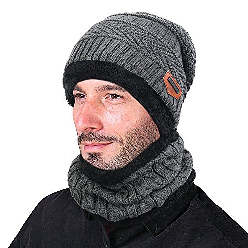 

goodbuy winter hat men warm beanie hats knitted hat with scarf de fleece lining (coffee)