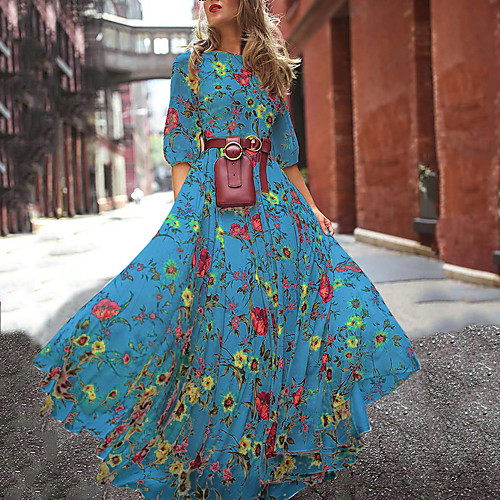 

Women's Swing Dress Maxi long Dress 3/4 Length Sleeve Print Patchwork Print Summer Elegant vacation dresses Puff Sleeve 2021 White Blue Green S M L XL XXL